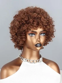Short Afro Curly Synthetic Wig With Bangs - Brown - View 7