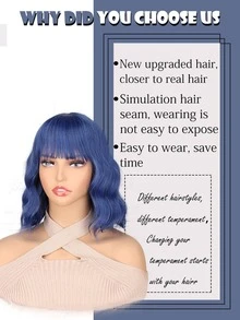 Short Body Wave Synthetic Wig With Bangs - Blue - View 4