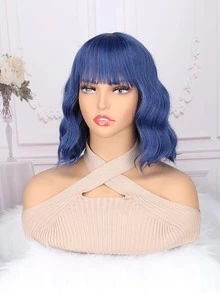 Short Body Wave Synthetic Wig With Bangs - Blue - View 7