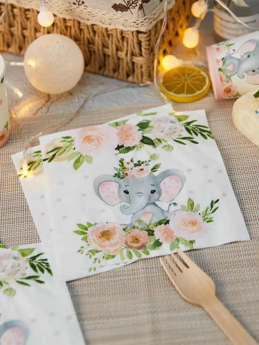 25pcs/Set Elephant Flower Disposable Napkins, 13*13 Inches 2 Layers, Elephant Baby Shower Party Napkins Baby Gender Reveal Party Paper Plates For Baby Birthday Bridal Shower Baby Shower Red Floral Tableware Decoration - Multicolor - View 1