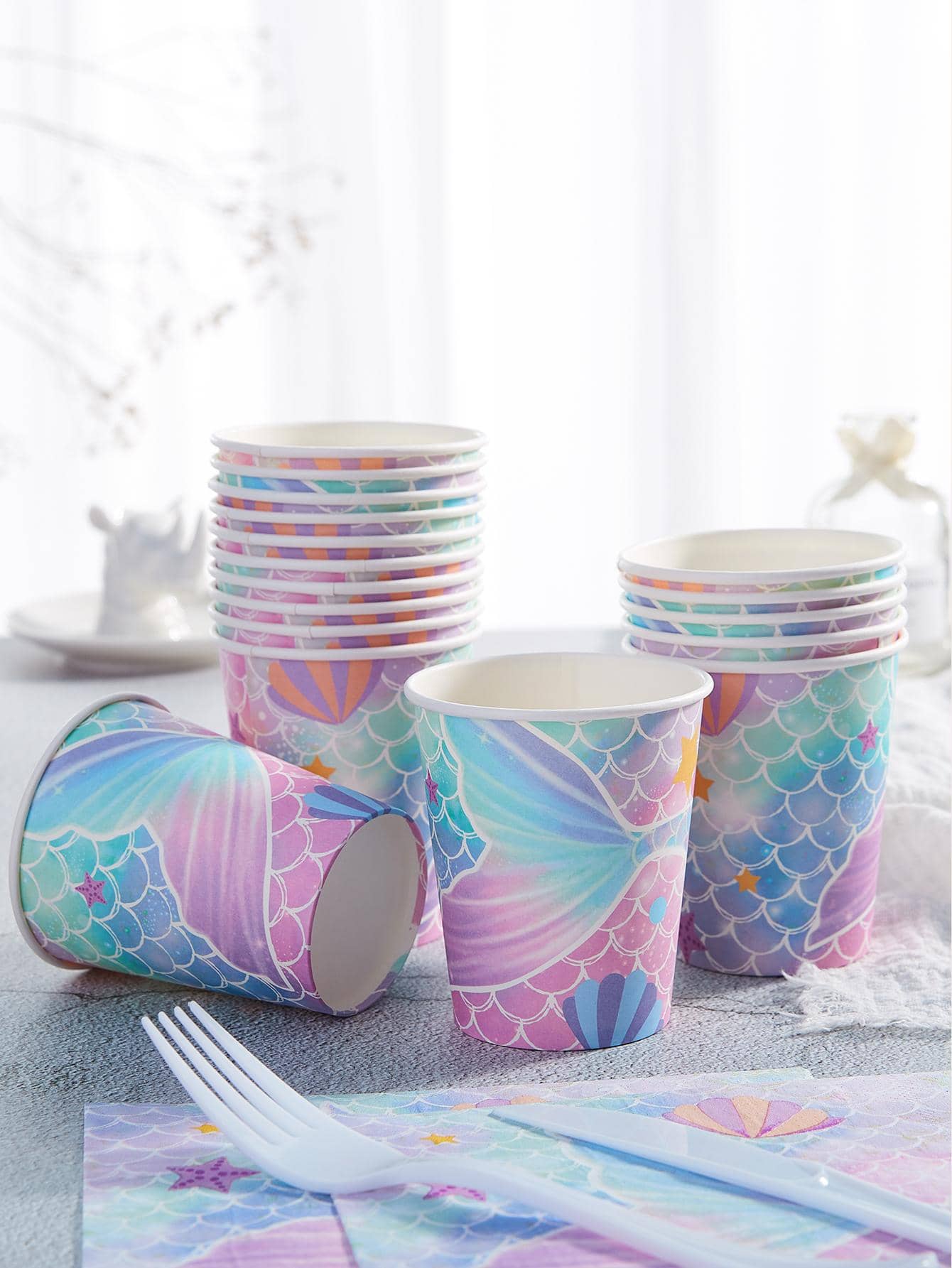 10/25 件大号鱼尾印花一次性纸杯，圣诞节 - 彩色 - 查看 1