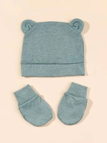 1雙嬰兒素色手套和1入組耳朵裝飾帽