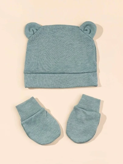 1雙嬰兒素色手套和1入組耳朵裝飾帽