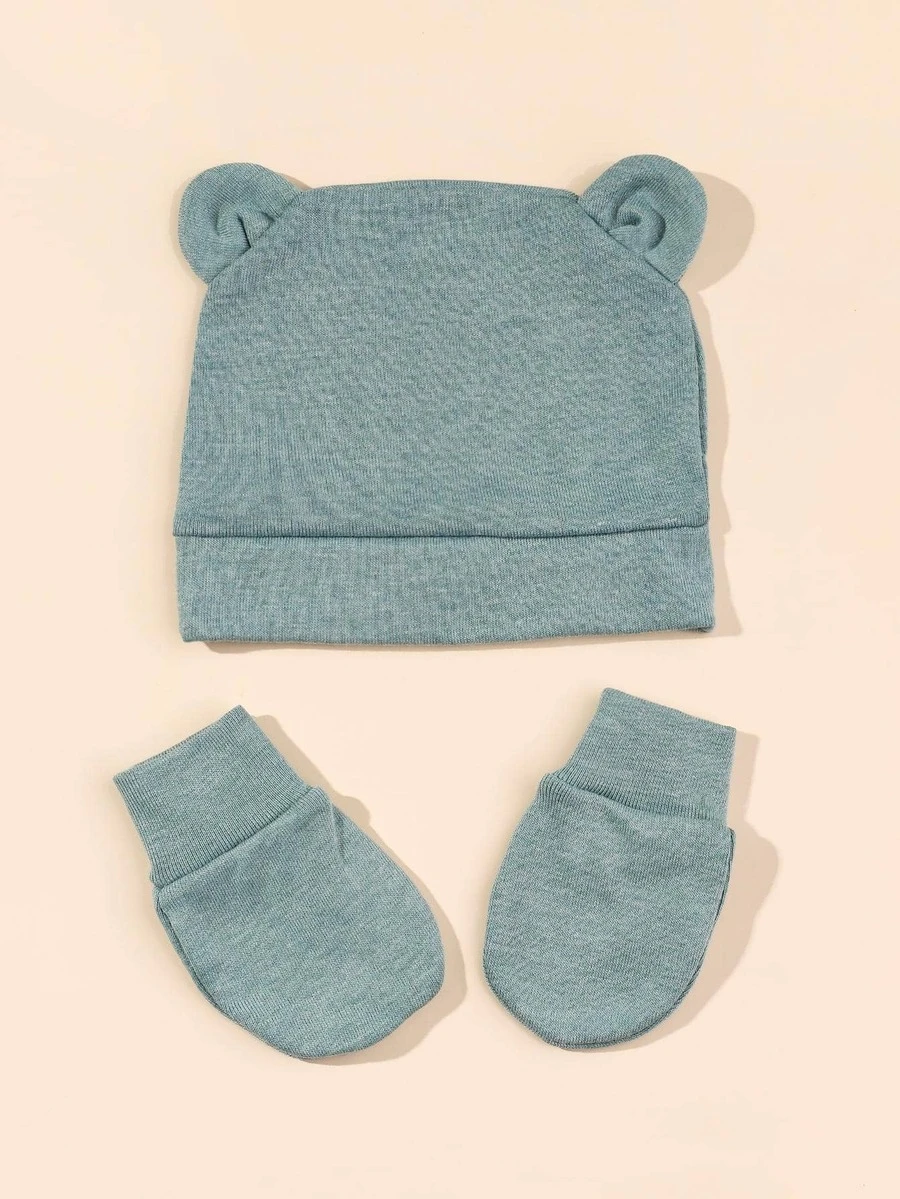 1雙嬰兒素色手套和1入組耳朵裝飾帽