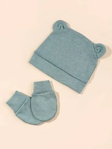 1雙嬰兒素色手套和1入組耳朵裝飾帽