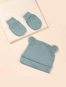 1雙嬰兒素色手套和1入組耳朵裝飾帽