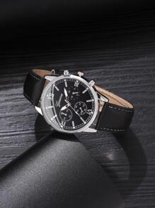 1 pieza Hombres Reloj cuarzo de puntero redondo & 3 piezas Pulsera - Negro - Ver 3