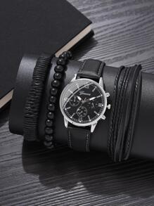 1 pieza Hombres Reloj cuarzo de puntero redondo & 3 piezas Pulsera - Negro - Ver 1