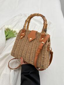 竹子設計手柄草編包鉚釘細節度假 - 卡其色 - 查看 4