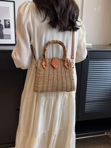 竹子設計手柄草編包鉚釘細節度假 - 卡其色 - 查看 3