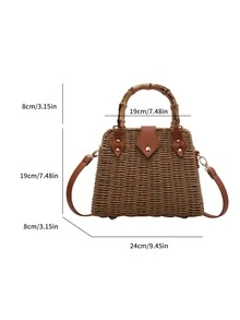 竹子設計手柄草編包鉚釘細節度假 - 卡其色 - 查看 8