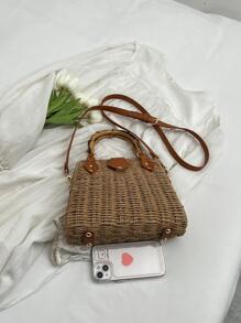 竹子設計手柄草編包鉚釘細節度假 - 卡其色 - 查看 5