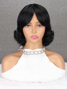 Short Body Wave Synthetic Wig With Bangs - Black - View 6