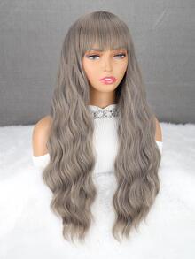 Long Body Wave Synthetic Wig With Bangs - Grey - View 7