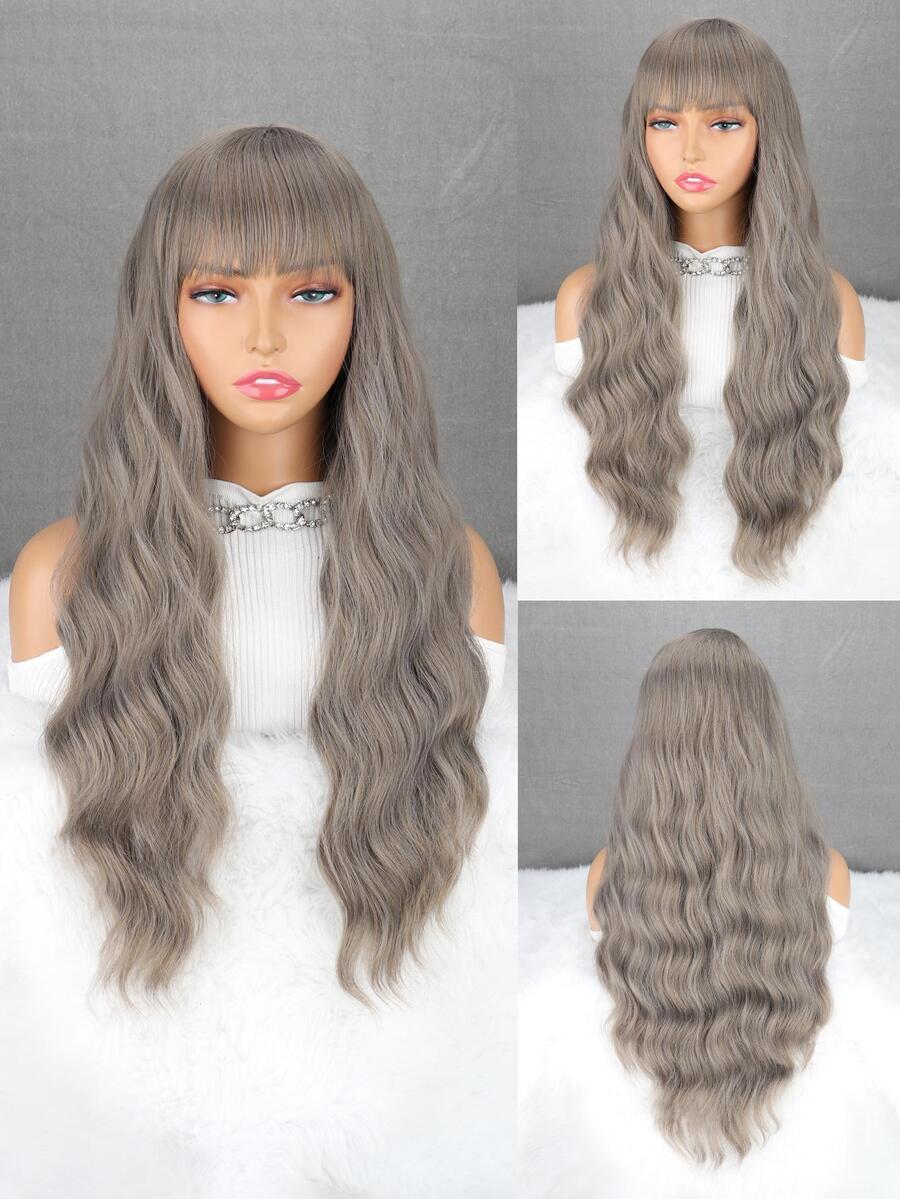 Long Body Wave Synthetic Wig With Bangs - Grey - View 1