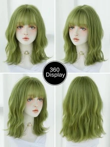 7JHH WIGS 女士中长卷发绿色假发齐肩波浪假发，齐刘海，合成蓬松自然发质假发，适合女孩圣诞节角色扮演派对圣帕特里克节使用 14 英寸/43 厘米 - 綠色 - 查看 5