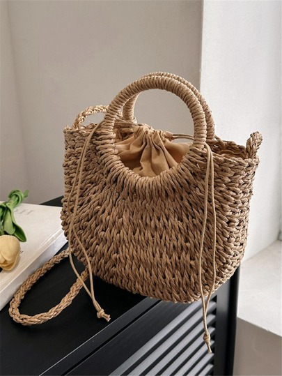 Handmade Woven Solid Color Round Handle Woven Straw Bag,Drawstring Closure Crescent Bag,Casual Women\ Bag,Suitable For Summer Gifts, Beach Essentials Women Bags For Vacation & Holiday