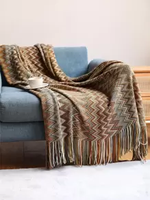 1入組流蘇裝飾蓋毯家居裝飾用針織滌綸裝飾蓋毯 - 黃色 - 查看 1