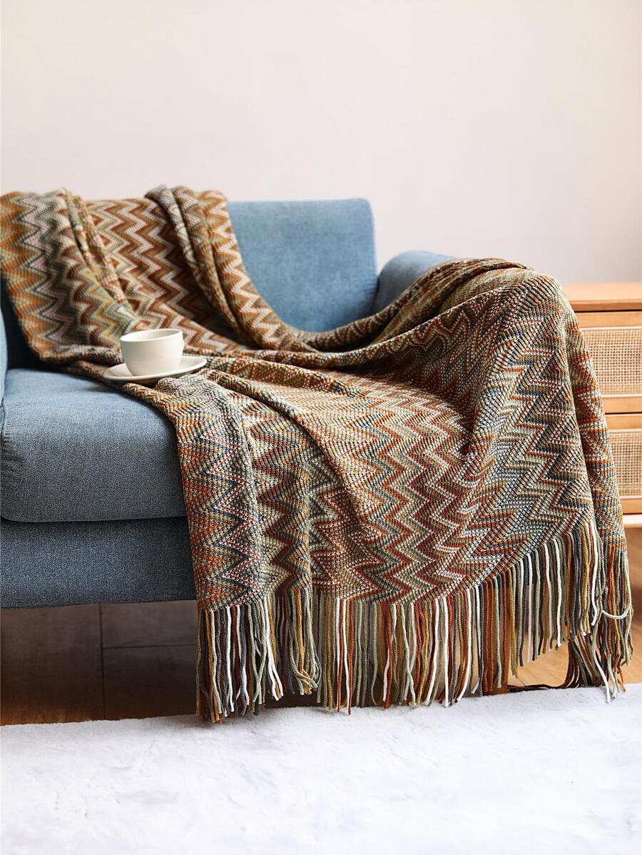 1入組流蘇裝飾蓋毯家居裝飾用針織滌綸裝飾蓋毯 - 黃色 - 查看 1