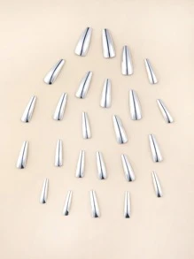 用 24 片长棺材银镜纯色假指甲、1 片胶带和 1 个指甲锉来提升您的外观，按压式指甲，美甲用品，指甲 - 彩色 - 查看 3