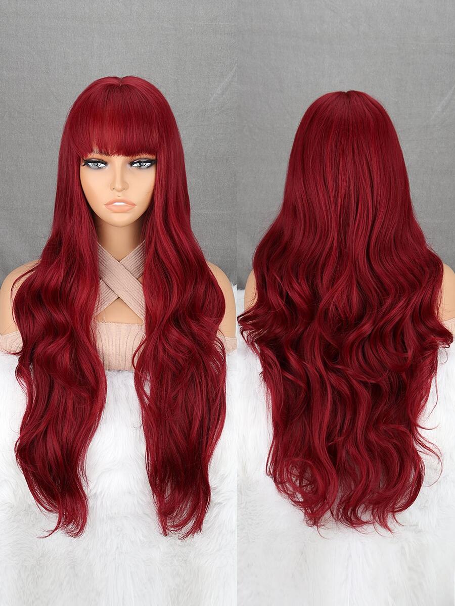 Peluca sintética largo rizado con tupe - Burdeos - Ver 1