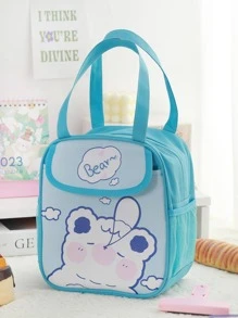 MOKA 1pc Cartoon Graphic Lunch Bag, Cute Polyester Reusable Lunch Bag For Office Work School Picnic Beach - Blue - View 1