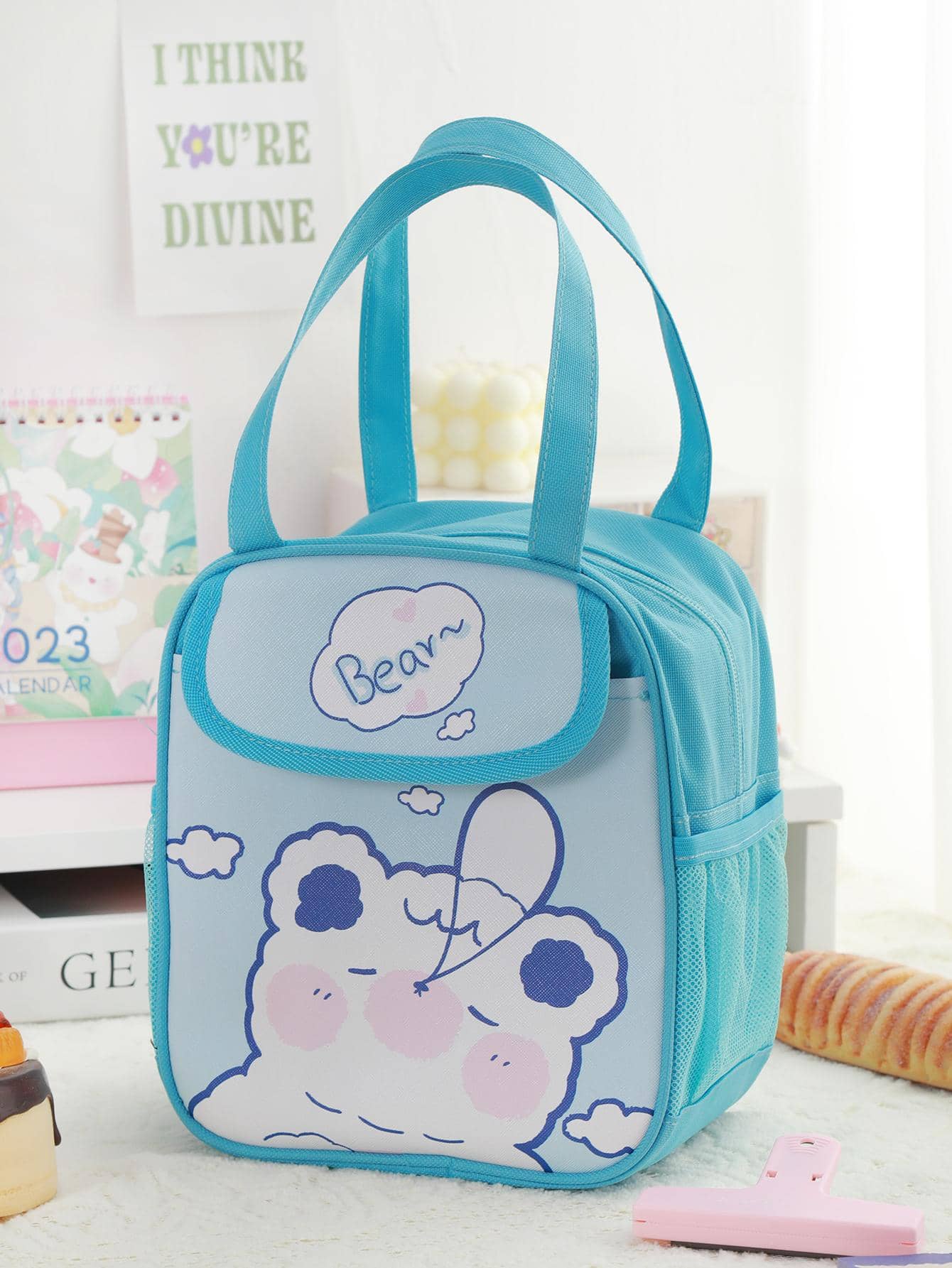 MOKA 1pc Cartoon Graphic Lunch Bag, Cute Polyester Reusable Lunch Bag For Office Work School Picnic Beach - Blue - View 1