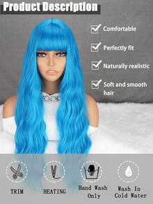 女性藍色26英寸合成長波浪帶劉海耐高溫纖維假髮,日常穿著,cosplay新年派對聖誕節
