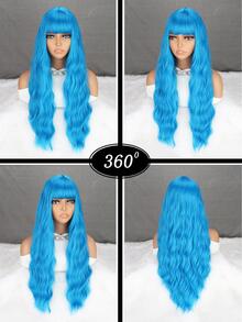 女性藍色26英寸合成長波浪帶劉海耐高溫纖維假髮,日常穿著,cosplay新年派對聖誕節