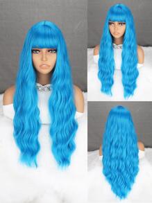 女性藍色26英寸合成長波浪帶劉海耐高溫纖維假髮,日常穿著,cosplay新年派對聖誕節
