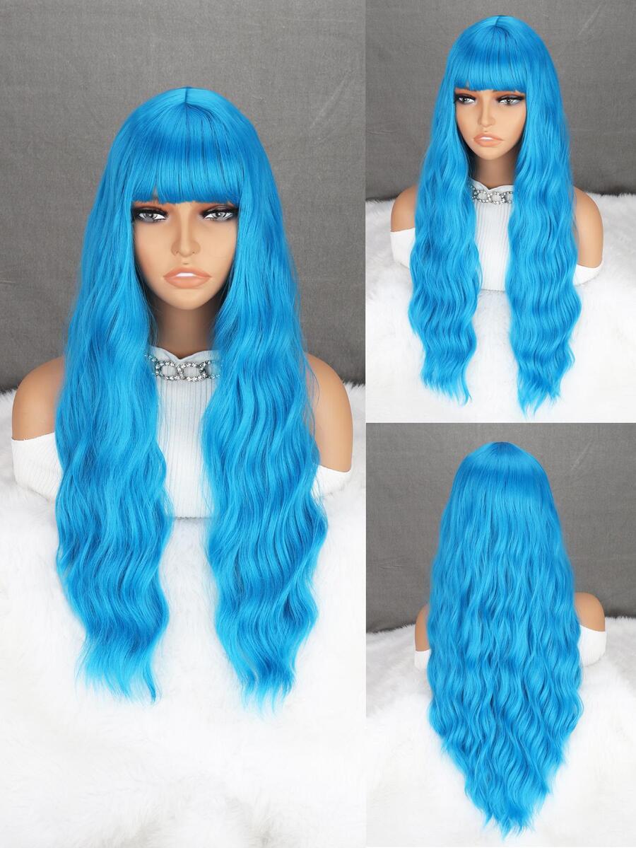 女性藍色26英寸合成長波浪帶劉海耐高溫纖維假髮,日常穿著,cosplay新年派對聖誕節