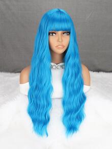 女性藍色26英寸合成長波浪帶劉海耐高溫纖維假髮,日常穿著,cosplay新年派對聖誕節