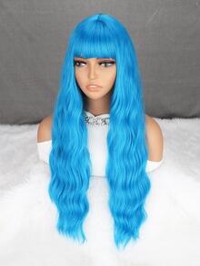 女性藍色26英寸合成長波浪帶劉海耐高溫纖維假髮,日常穿著,cosplay新年派對聖誕節