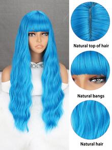 女性藍色26英寸合成長波浪帶劉海耐高溫纖維假髮,日常穿著,cosplay新年派對聖誕節