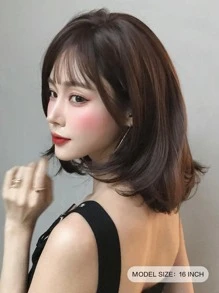 7JHH WIGS Short Black Bob Wig With Bangs,Dark Brown Shoulder Length Wigs Natural Synthetic Heat Resistant Fiber Layered Curly Wigs For Women Daily School Use 16 Inch