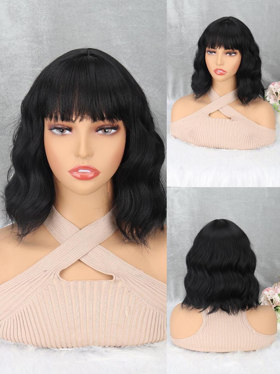 Tóc Giả Tổng Hợp Xoăn Ngắn Có Bangs - màu đen - Xem 1