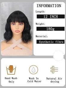 Tóc Giả Tổng Hợp Xoăn Ngắn Có Bangs - màu đen - Xem 2