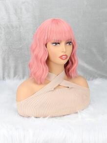 女性用粉色合成短波浪與齊劉海12英寸防高溫纖維齊劉海假髮,可日常佩戴、角色扮演、新年派對和聖誕節活動等 - 粉色 - 查看 6