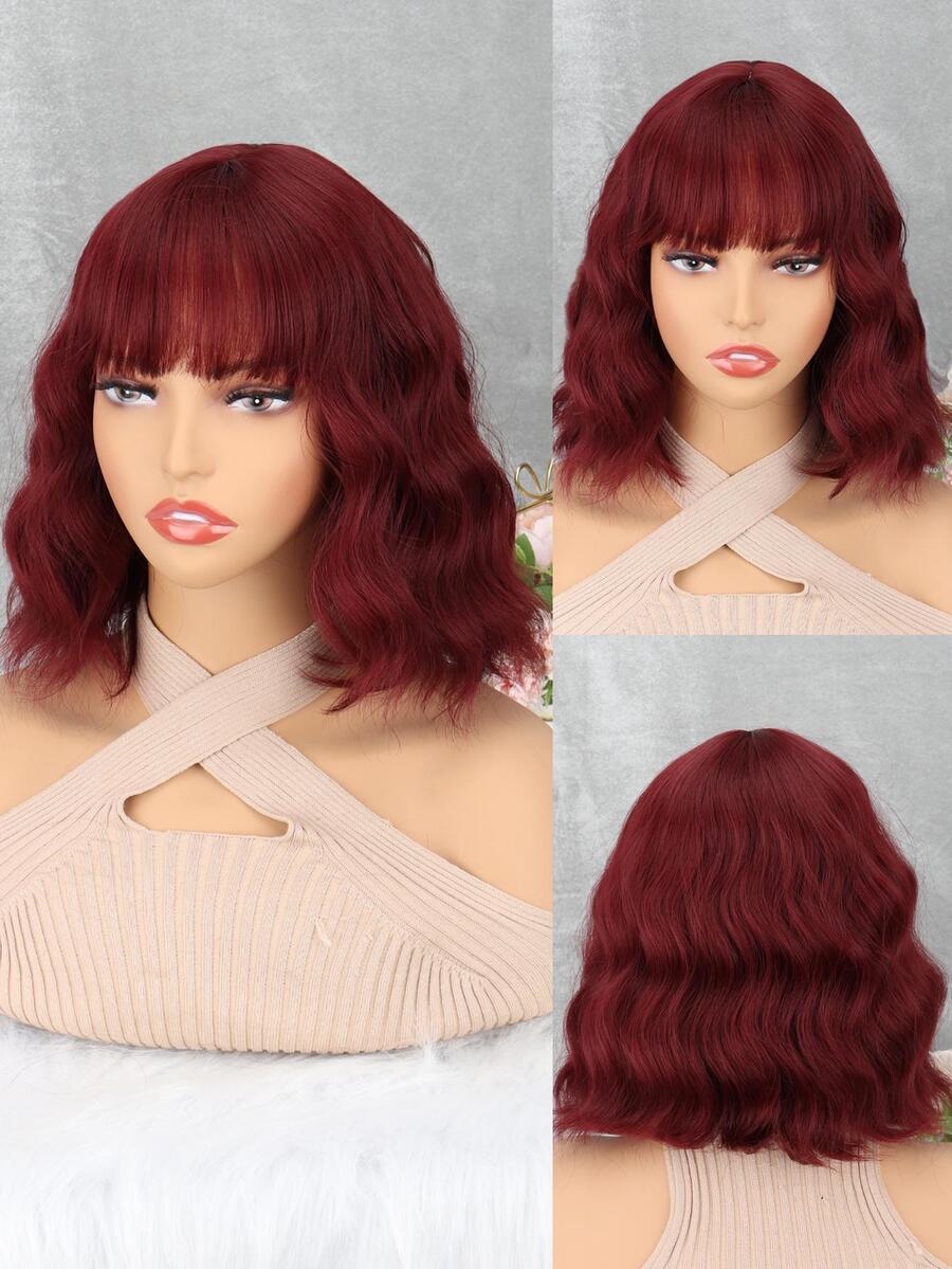 酒紅色女士合成短波浪帶劉海,12英寸高溫防燃纖維劉海假髮,日常穿著cosplay新年派對聖誕節 - 酒紅色 - 查看 1
