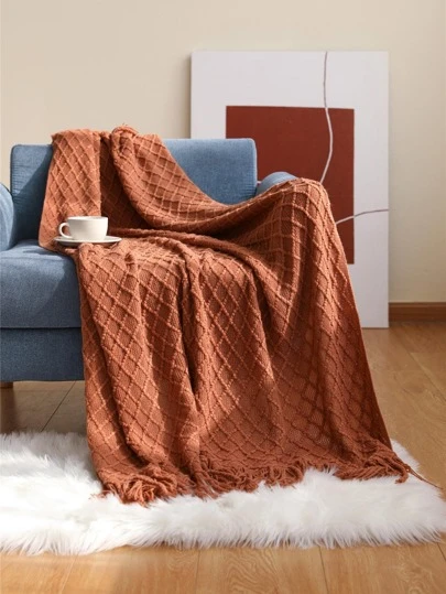 adet Düz Renk Atma Battaniye, Minimalist Örme Kumaş Püskül Dekor Kanepe Ve Yatak Için Battaniye Atmak