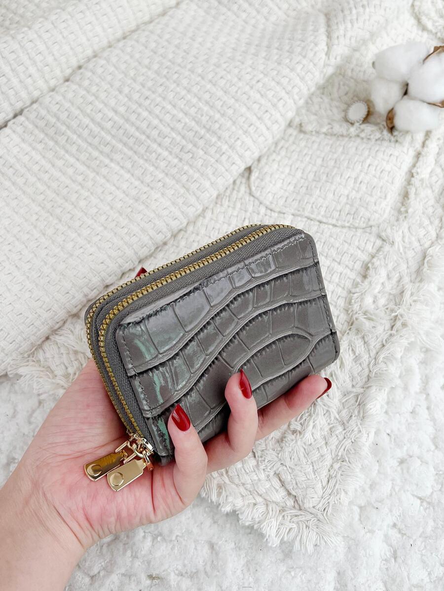 鳄鱼压纹拉链优雅多卡位卡片收纳盒存储卡超薄轻便便携现金身份证卡零钱袋短款钱包小钱包小口袋钱包生日礼物周年情人节女士少女青少年大学生学校学生礼品袋礼物教师袋高品质皮革卡夹钱包名片夹信用卡夹女士女士钱包迷你钱包钱包钱包卡包返校用品 - 灰色 - 查看 1