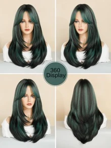 7JHH WIGS Tóc giả màu xanh lá cây ombre cho phụ nữ Tóc giả dài thẳng nhiều lớp 24 inch Tóc giả màu xanh lá cây đen pha trộn tự nhiên tổng hợp có mái Tóc giả cho tiệc hóa trang Ngày lễ Thánh Patrick - Màu xanh lá cây đậm - Xem 6