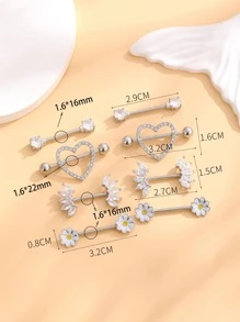 8入組/套方晶鋯石心和花朵裝飾乳環受歡迎穿孔身體鏈禮品適合女士和男士 - 銀色 - 查看 2