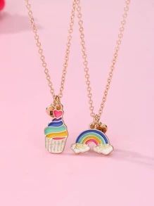 2pcs Girls' Rainbow Ice Cream Zinc Alloy Cute Cartoon Oil Drop Pendant Necklaces, Ideal For Back-to-school Or Festival Gifts For Friends - Multicolor - View 1