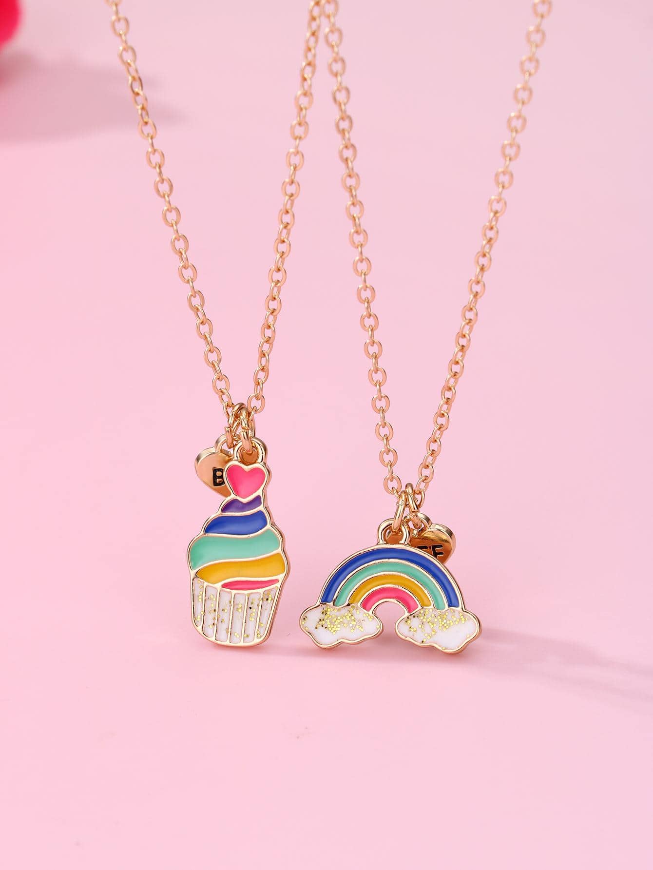 2pcs Girls' Rainbow Ice Cream Zinc Alloy Cute Cartoon Oil Drop Pendant Necklaces, Ideal For Back-to-school Or Festival Gifts For Friends - Multicolor - View 1