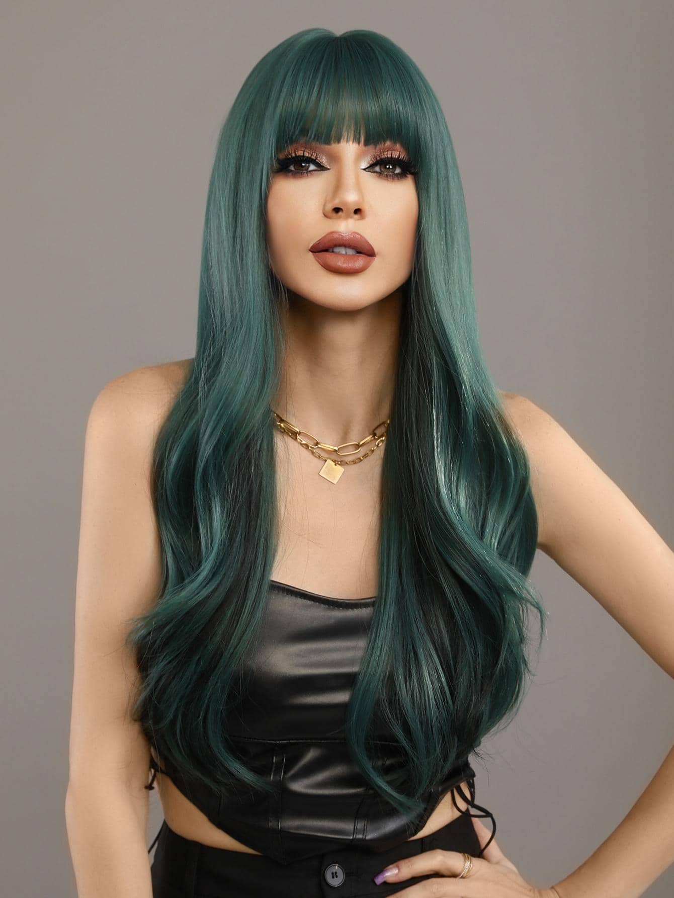 深绿色波浪假发 女士黑绿色挑染黑色假发 带刘海 合成长卷发假发 适合快乐派对 圣帕特里克节 24 英寸