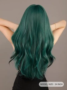 深绿色波浪假发 女士黑绿色挑染黑色假发 带刘海 合成长卷发假发 适合快乐派对 圣帕特里克节 24 英寸 - 墨綠色 - 查看 3