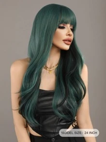 深绿色波浪假发 女士黑绿色挑染黑色假发 带刘海 合成长卷发假发 适合快乐派对 圣帕特里克节 24 英寸 - 墨綠色 - 查看 4