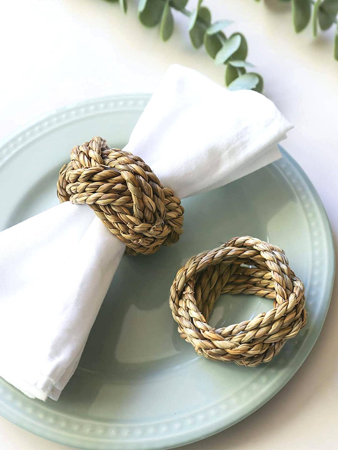 2pcs/set Straw Napkin Ring, Boho Braided Detail Napkin Holder Ring For Restaurant - Multicolor - View 1