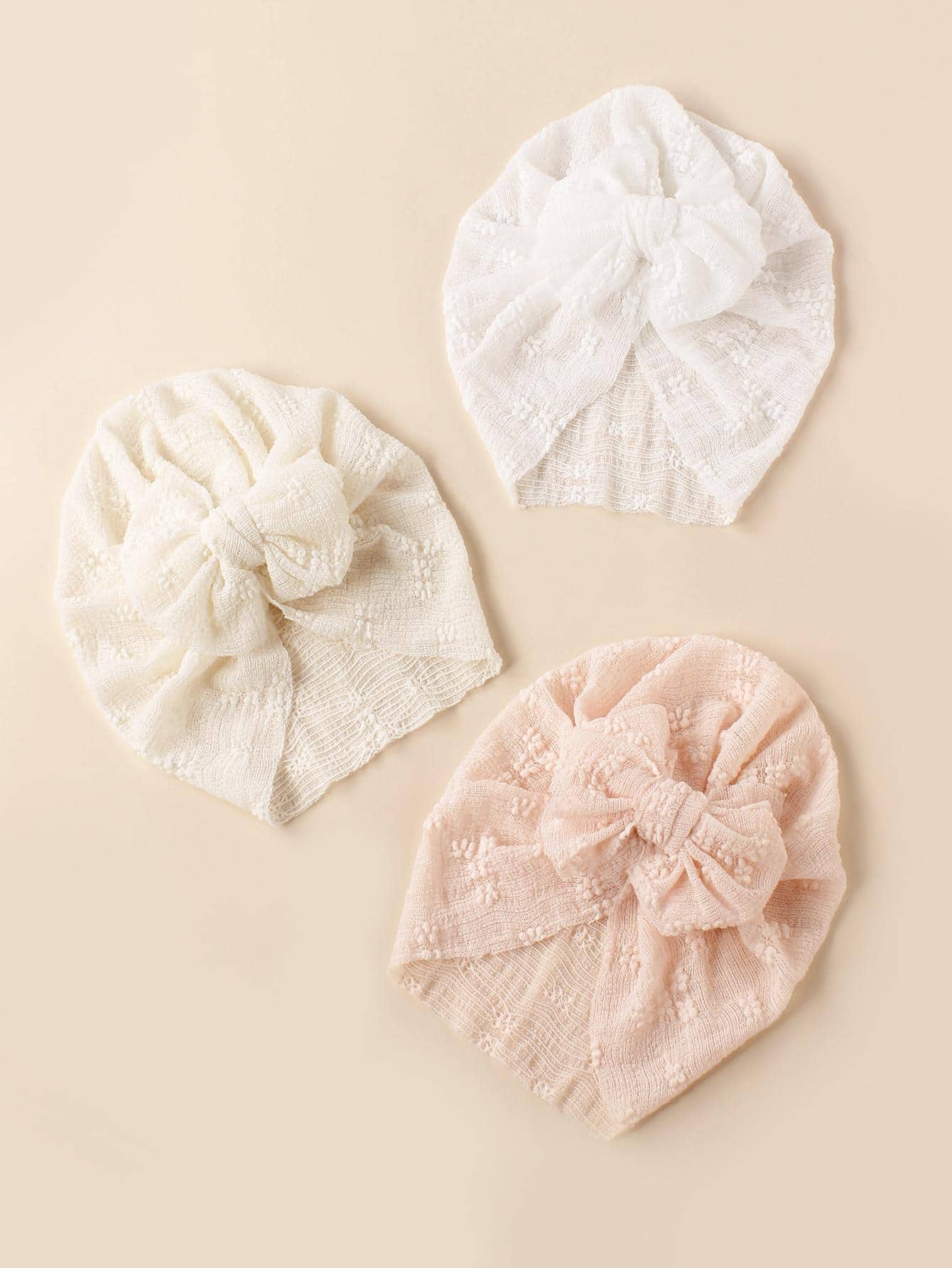 3入組嬰兒蝴蝶結裝飾彈性滌綸包巾帽 - 粉色 - 查看 1